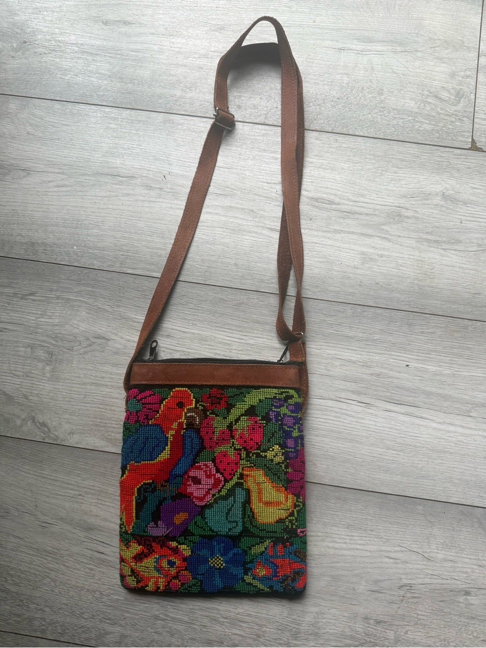 Crossbody Bag -Handmade Multicolor Beaded Brown Trim